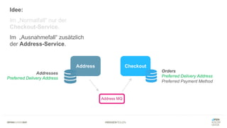 #WISSENTEILEN
Address Checkout
Orders
Preferred Delivery Address
Preferred Payment Method
Addresses
Preferred Delivery Address
Address MQ
Idee:
Im „Normalfall“ nur der
Checkout-Service.
Im „Ausnahmefall“ zusätzlich
der Address-Service.
 