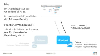#WISSENTEILEN
Address Checkout
Orders
Preferred Delivery Address
Preferred Payment Method
Addresses
Preferred Delivery Address
POST …/orders/
(with typed in address)
Idee:
Im „Normalfall“ nur der
Checkout-Service.
Im „Ausnahmefall“ zusätzlich
der Address-Service
Fachlicher Workaround :
z.B. durch Setzen der Adresse
nur für die aktuelle
Bestellung via UI.
 