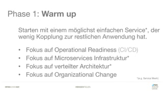 #WISSENTEILEN
Phase 1: Warm up
Starten mit einem möglichst einfachen Service*, der
wenig Kopplung zur restlichen Anwendung hat.
• Fokus auf Operational Readiness (CI/CD)
• Fokus auf Microservices Infrastruktur*
• Fokus auf verteilter Architektur*
• Fokus auf Organizational Change *(e.g. Service Mesh)
 
