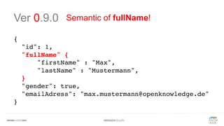 #WISSENTEILEN
Ver 0.9.0
{
"id": 1,
"fullName" {
"firstName" : "Max",
"lastName" : "Mustermann",
}
"gender": true,
"emailAdress": "max.mustermann@openknowledge.de"
}
Semantic of fullName!
 