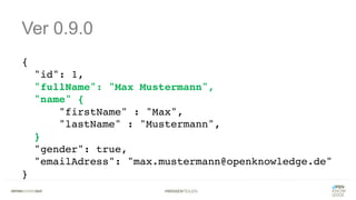 #WISSENTEILEN
Ver 0.9.0
{
"id": 1,
"fullName": "Max Mustermann",
"name" {
"firstName" : "Max",
"lastName" : "Mustermann",
}
"gender": true,
"emailAdress": "max.mustermann@openknowledge.de"
}
 