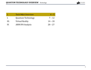 QUANTUM TECHNOLOGY OVERVIEW Technology
4 – 5
Tech M&A Overview
I.
7 – 12
Quantum Technology
I.
14 – 18
Virtual Reality
III.
20 – 27
ARM IPO Analysis
IV.
4
 