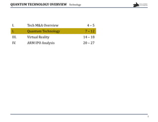 QUANTUM TECHNOLOGY OVERVIEW Technology
4 – 5
Tech M&A Overview
I.
7 – 12
Quantum Technology
I.
14 – 18
Virtual Reality
III.
20 – 27
ARM IPO Analysis
IV.
7
 