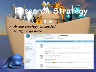 Research Strategy
• Amend strategy as needed
• Go big or go home
 