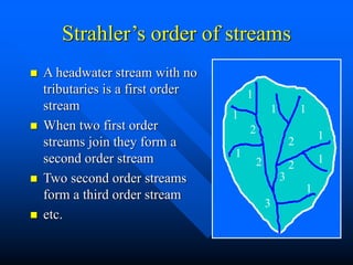 Strahler’s order of streams
 A headwater stream with no
tributaries is a first order
stream
 When two first order
streams join they form a
second order stream
 Two second order streams
form a third order stream
 etc.
1
1
2
2
1
1 1
2 1
1
2
3
3
1
 