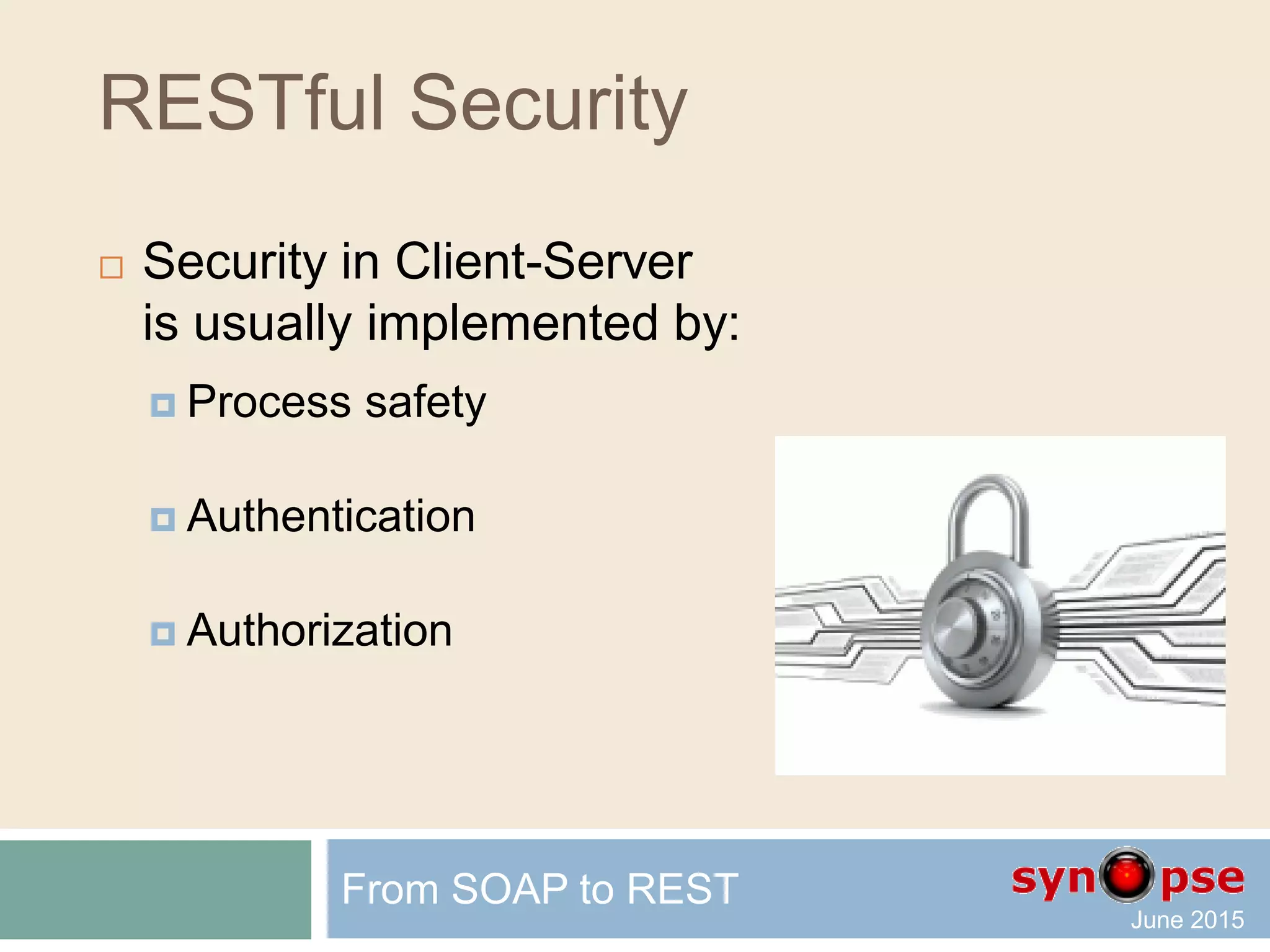 JSON/XML alternatives
 Text
 INI
 TOML
 YAML
 Binary
 BSON
 MessagePack
 Protocol Buffers
 WCF
From SOAP to REST
 