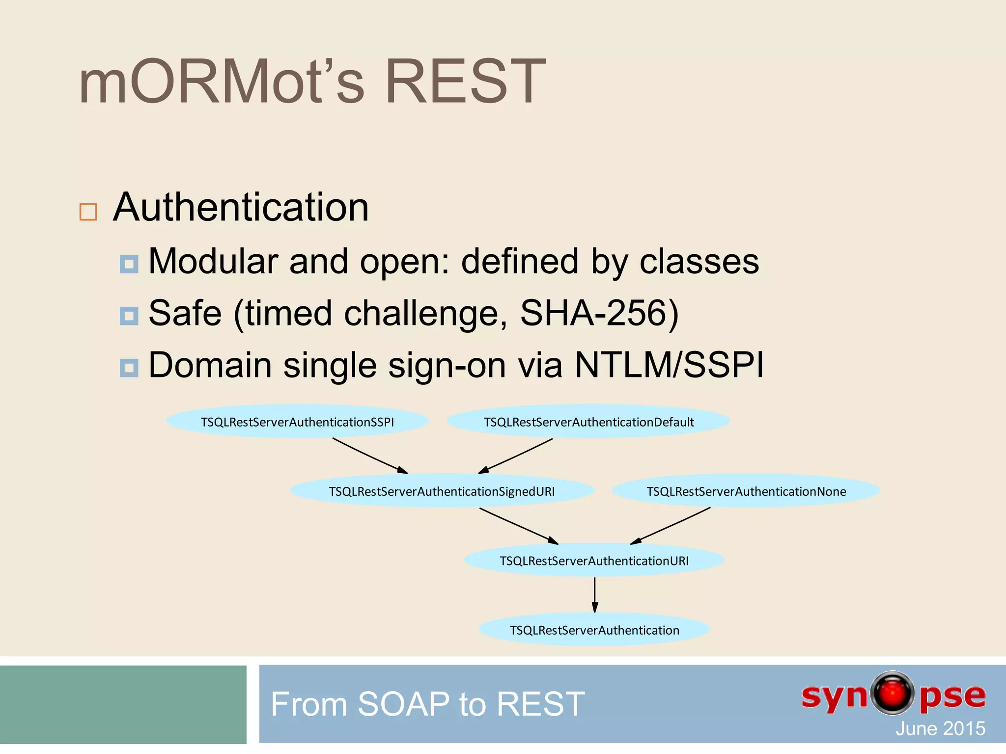 mORMot’s REST
 REST routing defined by classes
 You can customize every aspect of the routing
for method-based services
 JSON/RPC and REST are available by default
for interface-based services
 Resource access via ORM is also customizable
From SOAP to REST
TSQLRestRoutingJSON_RPC
TSQLRestServerURIContext
TSQLRestRoutingREST
 