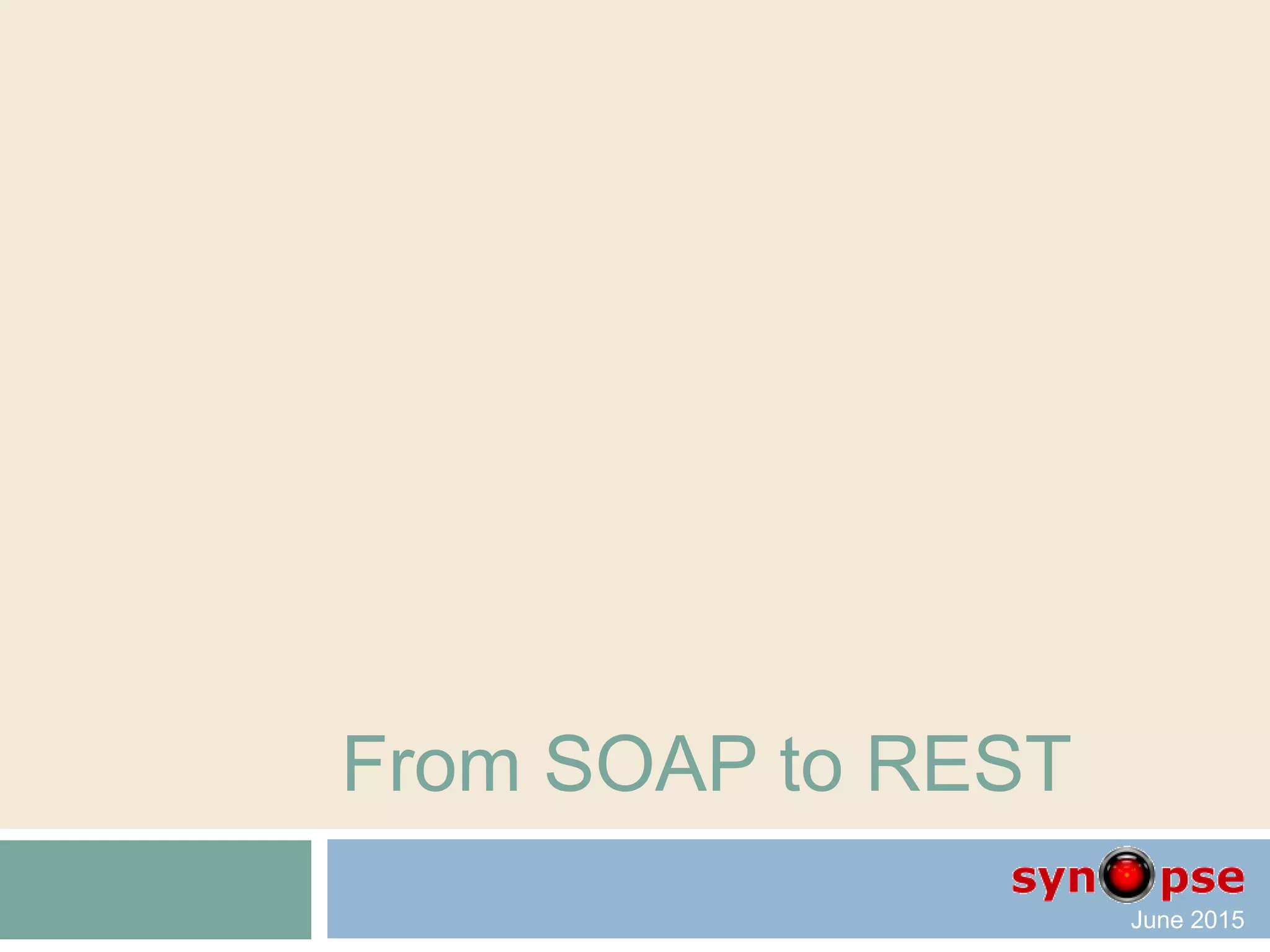 mORMot’s JSON
 TDocVariant custom type
 Pseudo-methods:
 _Json/_Count/_Kind for objects
 Add/Delete/Count/_ for arrays
var V: variant;
...
V := _Json('{arr:[1,2]}');
writeln(V._Count); // will write 1 (one property in the V object)
V.arr.Add(3); // will work, since V.arr is returned by reference (varByRef)
writeln(V); // will write '{"arr":[1,2,3]}'
V.arr.Delete(1);
writeln(V); // will write '{"arr":[1,3]}‘
From SOAP to REST
 