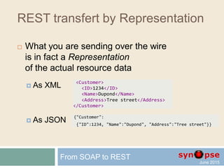 REST is Stateless
 Every request should be independent
 so that we can scale up (load balancing)
 so that modeling stays simple
 as HTTP/1.1
 i.e. as an independent transaction
that is unrelated to any previous request
 Server-side is the only reference
 Need conflict resolution (optimistic/pessimistic)
From SOAP to REST
 