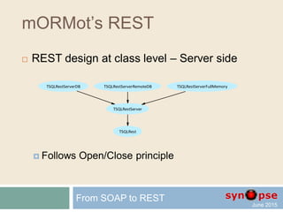 mORMot’s REST
 REST design at class level
 CRUD methods are inherited
 TSQLRest.Retrieve() Add() Update() Delete()
 Follows Liskov substitution principle
From SOAP to REST
TSQLRestServer
TSQLRest
TSQLRestClientURI
TSQLRestClient
 