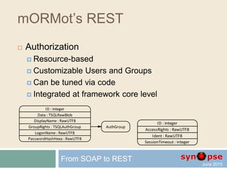 mORMot’s REST
 HTTP Server
 A single TSQLHttpServer can handle
one or several TSQLRestServer instances
 Automated routing using TSQLModel.Root
 Via http.sys or Sockets or WebSockets
 mORMotHttpServer.pas
 Advanced features
 Virtual hosts, redirection, shared port (http.sys)
 Deflate / SynLZ / AES compression/encryption
 As application or service/daemon
From SOAP to REST
 