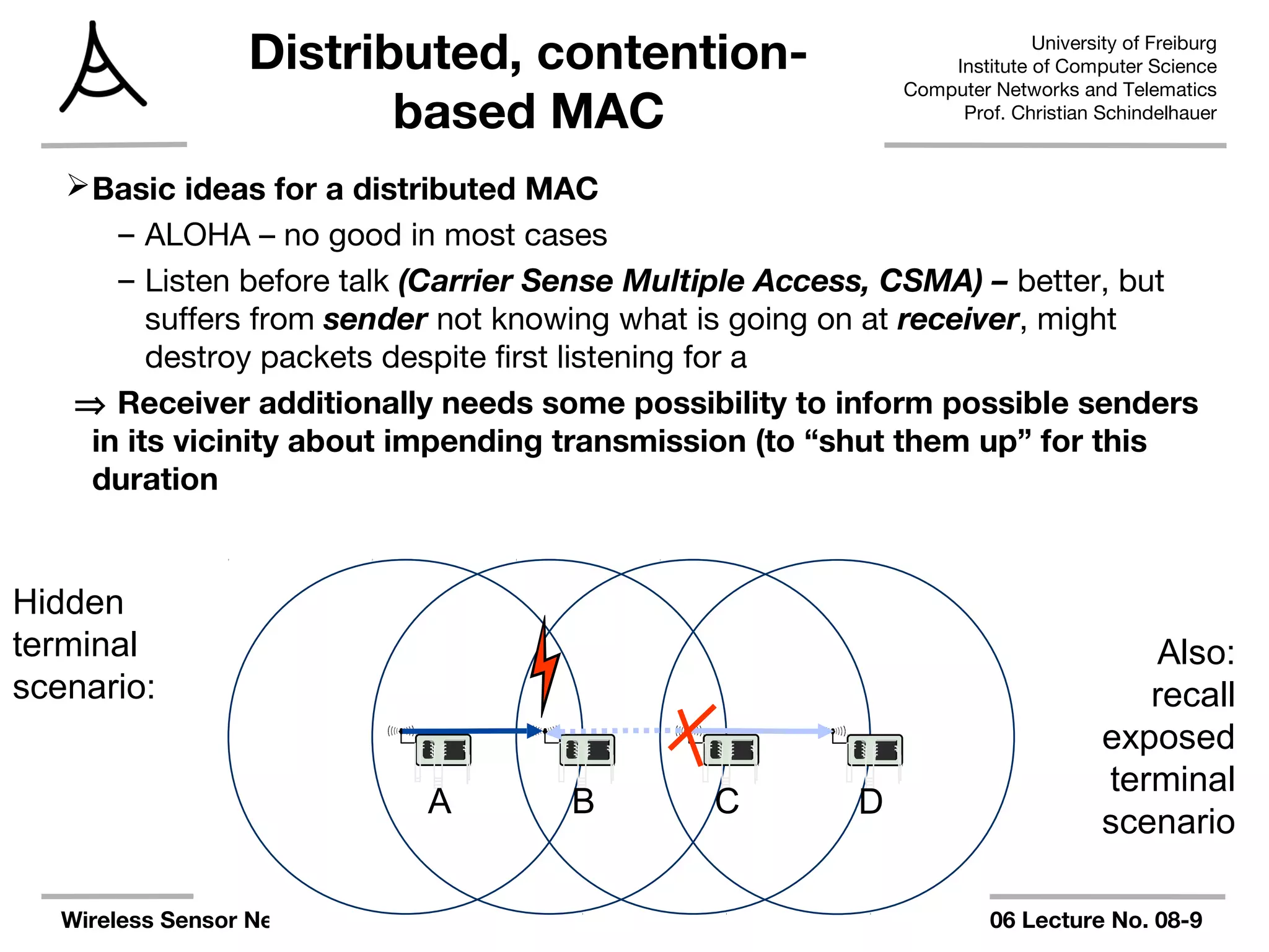 University of Freiburg
Institute of Computer Science
Computer Networks and Telematics
Prof. Christian Schindelhauer
Wireless Sensor Networks 21.11.2006 Lecture No. 08-9
A
Distributed, contention-
based MAC
Basic ideas for a distributed MAC
– ALOHA – no good in most cases
– Listen before talk (Carrier Sense Multiple Access, CSMA) – better, but
suffers from sender not knowing what is going on at receiver, might
destroy packets despite first listening for a
⇒ Receiver additionally needs some possibility to inform possible senders
in its vicinity about impending transmission (to “shut them up” for this
duration
B C D
Hidden
terminal
scenario:
Also:
recall
exposed
terminal
scenario
 