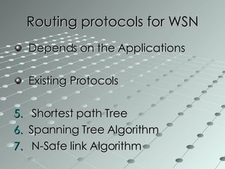 Routing protocols for WSN Depends on the Applications Existing Protocols Shortest path Tree  Spanning Tree Algorithm N-Safe link Algorithm  