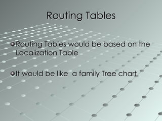 Routing Tables Routing Tables would be based on the Localization Table It would be like  a family Tree chart 
