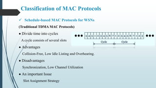 Classification of MAC Protocols
 Schedule-based MAC Protocols for WSNs
(Traditional TDMA MAC Protocols)
● Divide time into cycles
A cycle consists of several slots
● Advantages
Collision-Free, Low Idle Listing and Overhearing.
● Disadvantages
Synchronization, Low Channel Utilization
● An important Issue
Slot Assignment Strategy
 