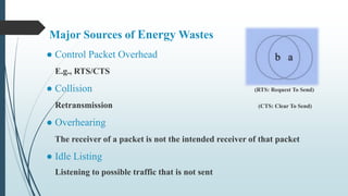 Major Sources of Energy Wastes
● Control Packet Overhead
E.g., RTS/CTS
● Collision (RTS: Request To Send)
Retransmission (CTS: Clear To Send)
● Overhearing
The receiver of a packet is not the intended receiver of that packet
● Idle Listing
Listening to possible traffic that is not sent
 