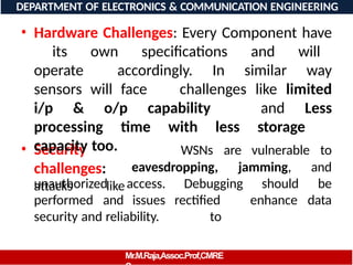 WSNs are vulnerable to
• Security
challenges:
attacks like
unauthorized
performed and
access.
issues
Debugging
rectified
to
should
enhance
eavesdropping, jamming, and
be
data
security and reliability.
DEPARTMENT OF ELECTRONICS & COMMUNICATION ENGINEERING
• Hardware Challenges: Every Component have
its own specifications and will
operate accordingly. In similar way
sensors will face challenges like limited
i/p & o/p capability and Less
processing time with less storage
capacity too.
Mr.M.Raja,Assoc.Prof,CMRE
 