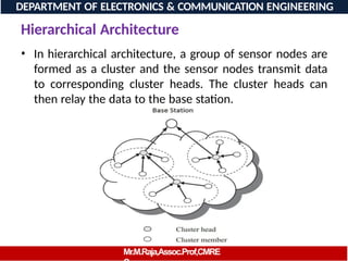 Hierarchical Architecture
• In hierarchical architecture, a group of sensor nodes are
formed as a cluster and the sensor nodes transmit data
to corresponding cluster heads. The cluster heads can
then relay the data to the base station.
DEPARTMENT OF ELECTRONICS & COMMUNICATION ENGINEERING
Mr.M.Raja,Assoc.Prof,CMRE
 