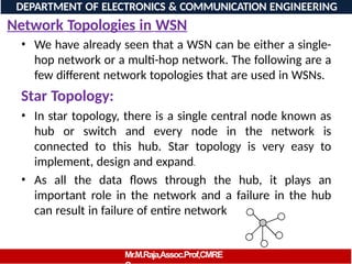 Network Topologies in WSN
• We have already seen that a WSN can be either a single-
hop network or a multi-hop network. The following are a
few different network topologies that are used in WSNs.
Star Topology:
• In star topology, there is a single central node known as
hub or switch and every node in the network is
connected to this hub. Star topology is very easy to
implement, design and expand.
• As all the data flows through the hub, it plays an
important role in the network and a failure in the hub
can result in failure of entire network
DEPARTMENT OF ELECTRONICS & COMMUNICATION ENGINEERING
Mr.M.Raja,Assoc.Prof,CMRE
 