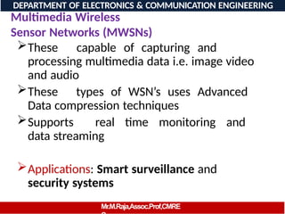 Multimedia Wireless
Sensor Networks (MWSNs)
These capable of capturing and
processing multimedia data i.e. image video
and audio
These types of WSN’s uses Advanced
Data compression techniques
Supports real time monitoring and
data streaming
Applications: Smart surveillance and
security systems
DEPARTMENT OF ELECTRONICS & COMMUNICATION ENGINEERING
Mr.M.Raja,Assoc.Prof,CMRE
 