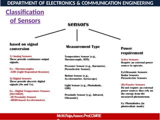 Classification
of Sensors
DEPARTMENT OF ELECTRONICS & COMMUNICATION ENGINEERING
Mr.M.Raja,Assoc.Prof,CMRE
 