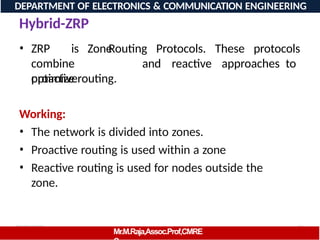 08/06/2026 91
DEPARTMENT OF ELECTRONICS & COMMUNICATION ENGINEERING
Hybrid-ZRP
Mr.M.Raja,Assoc.Prof,CMRE
Routing Protocols.
• ZRP is Zone
combine
proactive
and reactive
These protocols
approaches to
optimize routing.
Working:
• The network is divided into zones.
• Proactive routing is used within a zone
• Reactive routing is used for nodes outside the
zone.
 