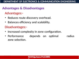 08/06/2026 94
DEPARTMENT OF ELECTRONICS & COMMUNICATION ENGINEERING
Advantages & Disadvantages
Advantages:-
Mr.M.Raja,Assoc.Prof,CMRE
• Reduces route discovery overhead.
• Balances efficiency and scalability.
Disadvantages:-
• Increased complexity in zone configuration.
• Performance depends on optimal
zone selection.
radius
 