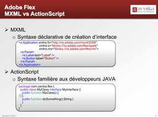 Adobe Flex
  MXML vs ActionScript

   MXML
    o Syntaxe déclarative de création d’interface
                <s:Application xmlns:fx="http://ns.adobe.com/mxml/2009"
                               xmlns:s="library://ns.adobe.com/flex/spark"
                               xmlns:mx="library://ns.adobe.com/flex/mx">
                 <s:Panel>
                  <s:Label text="Label" />
                  <s:Button label="Button" />
                 </s:Panel>
                </s:Application>

   ActionScript
     o Syntaxe familière aux développeurs JAVA
                package com.zenika.flex {
                  public class MyClass interface MyInterface {
                    public function MyClass() {
                    }
                    public function doSomething():String {
                    }
                  }
                }

Zenika © 2011                                                                5
 
