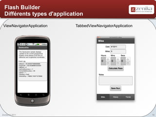 Flash Builder
  Différents types d'application

 ViewNavigatorApplication    TabbedViewNavigatorApplication




Zenika © 2011                                                 16
 