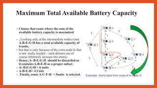 Maximum Total Available Battery Capacity
• Choose that route where the sum of the
available battery capacity is maximized
• , Looking only at the intermediate nodes route
A-B-E-G-H has a total available capacity of
6 units,
• but that is only because of the extra node G that
is not really needed – such detours can of
course arbitrarily increase this metric.
• Hence, A- B-E-G-H should be discarded as
it contains A-B-E-H as a proper subset.
• A- B-E-G-H = 6 units
• A-B-E-H= 4 Units
• Finally, route A-C-F-H = 5units is selected.
 
