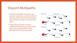 Disjoint Multipaths
• The first multipath mechanism we
consider constructs a small number of
alternate paths that are node-disjoint
with the primary path, and with each
other.
• These alternate paths are thus
unaffected by failures on the primary
path, but can potentially be less
desirable than the primary path.
Source Sink
Disjoint paths
Primary path
Secondary path
Source Sink
Disjoint paths
Primary path
Secondary path
Source Sink
Braided paths
Primary path
Source Sink
Braided paths
Primary path
 