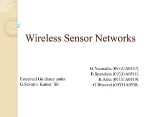 Wireless Sensor Networks

                          G.Namratha (09331A0537)
                          B.Spandana (09331A0511)
Esteemed Guidance under       B.Asha (09331A0519)
G.Suvarna Kumar Sir        G.Bhavani (09331A0538)
 