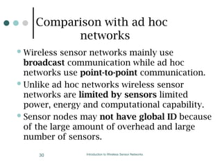 Comparison with ad hoc
networks
Wireless sensor networks mainly use
broadcast communication while ad hoc
networks use point-to-point communication.
Unlike ad hoc networks wireless sensor
networks are limited by sensors limited
power, energy and computational capability.
Sensor nodes may not have global ID because
of the large amount of overhead and large
number of sensors.
Introduction to Wireless Sensor Networks
30
 