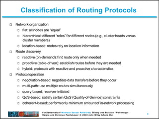 5
Fundamentals of Wireless Sensor Networks: Theory and Practice Waltenegus
Dargie and Christian Poellabauer © 2010 John Wiley & Sons Ltd.
Classification of Routing Protocols
Network organization
flat: all nodes are “equal”
hierarchical: different “roles” for different nodes (e.g., cluster heads versus
cluster members)
location-based: nodes rely on location information
Route discovery
reactive (on-demand): find route only when needed
proactive (table-driven): establish routes before they are needed
hybrid: protocols with reactive and proactive characteristics
Protocol operation
negotiation-based: negotiate data transfers before they occur
multi-path: use multiple routes simultaneously
query-based:receiver-initiated
QoS-based: satisfy certain QoS (Quality-of-Service)constraints
coherent-based: perform only minimum amount of in-network processing
 