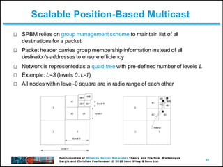 51
Fundamentals of Wireless Sensor Networks: Theory and Practice Waltenegus
Dargie and Christian Poellabauer © 2010 John Wiley & Sons Ltd.
Scalable Position-Based Multicast
SPBM relies on group management scheme to maintain list of all
destinations for a packet
Packet header carries group membership information instead of all
destinationʼs addresses to ensure efficiency
Network is represented as a quad-tree with pre-defined number of levels L
Example: L=3 (levels 0..L-1)
All nodes within level-0 square are in radio range of each other
 
