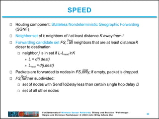 65
Fundamentals of Wireless Sensor Networks: Theory and Practice Waltenegus
Dargie and Christian Poellabauer © 2010 John Wiley & Sons Ltd.
SPEED
Routing component: Stateless Nondeterministic Geographic Forwarding
(SGNF)
Neighbor set of i: neighbors of i at least distance K away from i
Dest
Forwarding candidate set FSi : all neighbors that are at least distanceK
closer to destination
neighbor j is in set if L-Lnext ≥K
 L = d(i,dest)
 Lnext = d(j,dest)
Dest
Packets are forwarded to nodes in FSi only; if empty, packet is dropped
Dest
FSi further subdivided:
set of nodes with SendToDelay less than certain single hop delay D
set of all other nodes
 