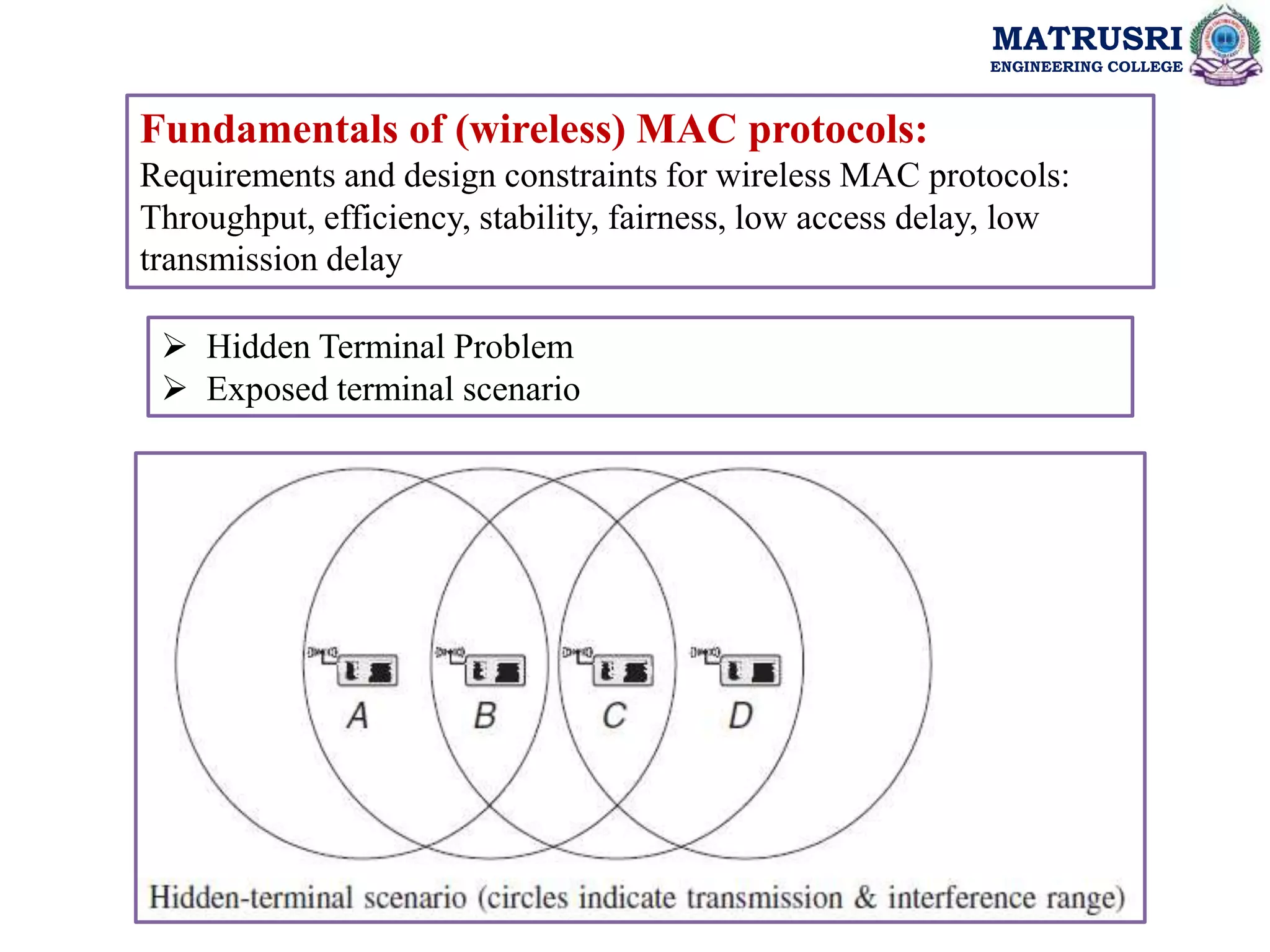 MATRUSRI
ENGINEERING COLLEGE
Fundamentals of (wireless) MAC protocols:
Requirements and design constraints for wireless MAC protocols:
Throughput, efficiency, stability, fairness, low access delay, low
transmission delay
 Hidden Terminal Problem
 Exposed terminal scenario
 
