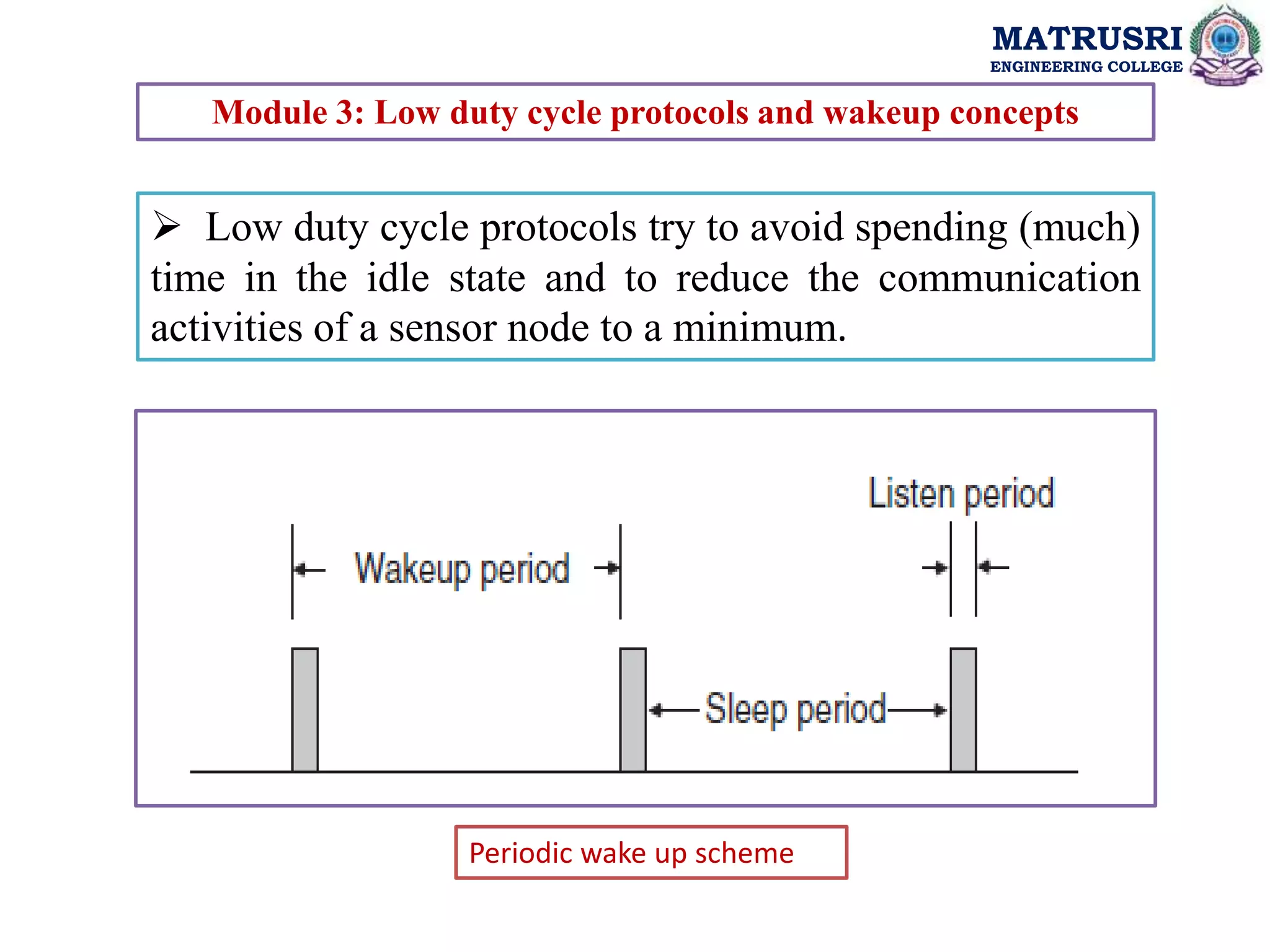MATRUSRI
ENGINEERING COLLEGE
Module 3: Low duty cycle protocols and wakeup concepts
 Low duty cycle protocols try to avoid spending (much)
time in the idle state and to reduce the communication
activities of a sensor node to a minimum.
Periodic wake up scheme
 