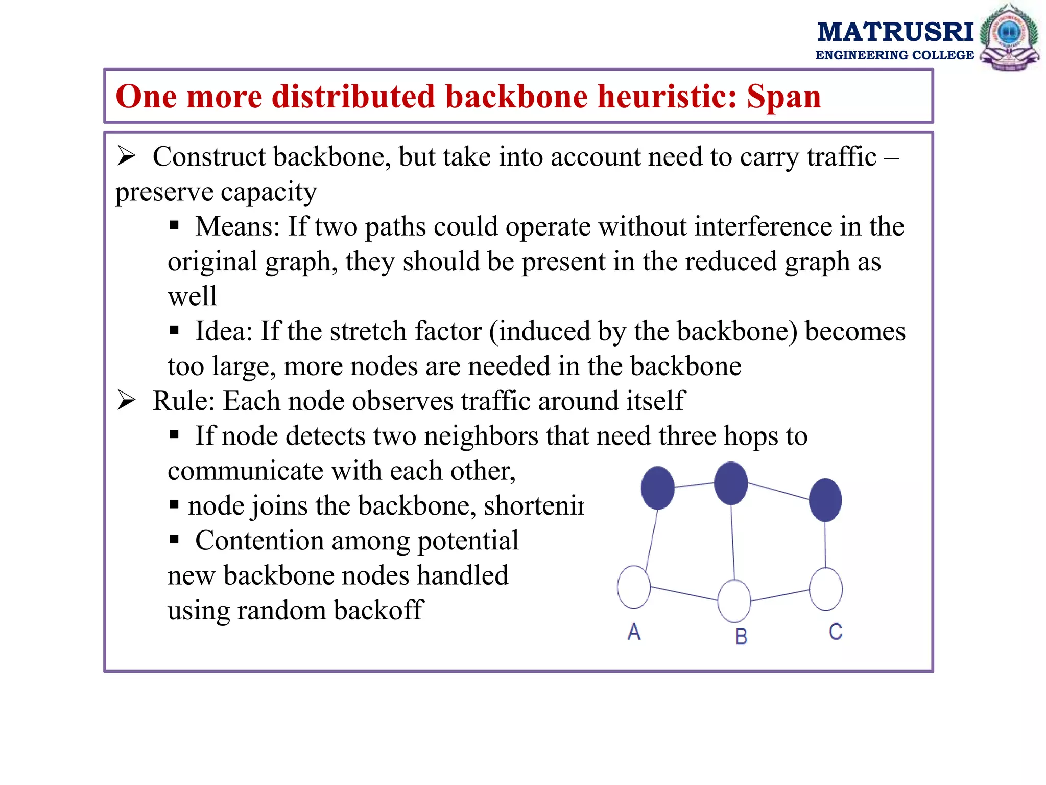 MATRUSRI
ENGINEERING COLLEGE
One more distributed backbone heuristic: Span
 Construct backbone, but take into account need to carry traffic –
preserve capacity
 Means: If two paths could operate without interference in the
original graph, they should be present in the reduced graph as
well
 Idea: If the stretch factor (induced by the backbone) becomes
too large, more nodes are needed in the backbone
 Rule: Each node observes traffic around itself
 If node detects two neighbors that need three hops to
communicate with each other,
 node joins the backbone, shortening the path
 Contention among potential
new backbone nodes handled
using random backoff
 