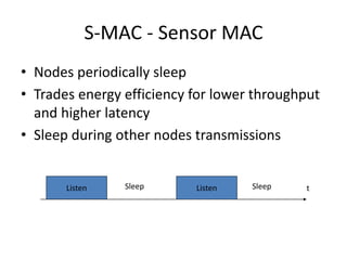 S-MAC - Sensor MAC
• Nodes periodically sleep
• Trades energy efficiency for lower throughput
and higher latency
• Sleep during other nodes transmissions
Listen Sleep t
Listen Sleep
 