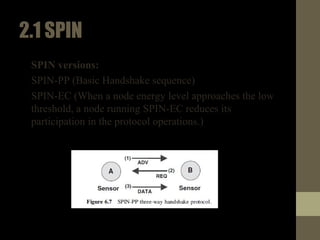 2.1SPIN
• SPIN versions:
• SPIN-PP (Basic Handshake sequence)
• SPIN-EC (When a node energy level approaches the low
threshold, a node running SPIN-EC reduces its
participation in the protocol operations.)
 