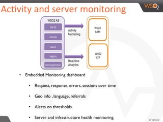 AcAvity	
  and	
  server	
  monitoring	
  	
  
•  Embedded Monitoring dashboard
•  Request, response, errors, sessions over time
•  Geo info , language, referrals
•  Alerts on thresholds
•  Server and infrastructure health monitoring.
 