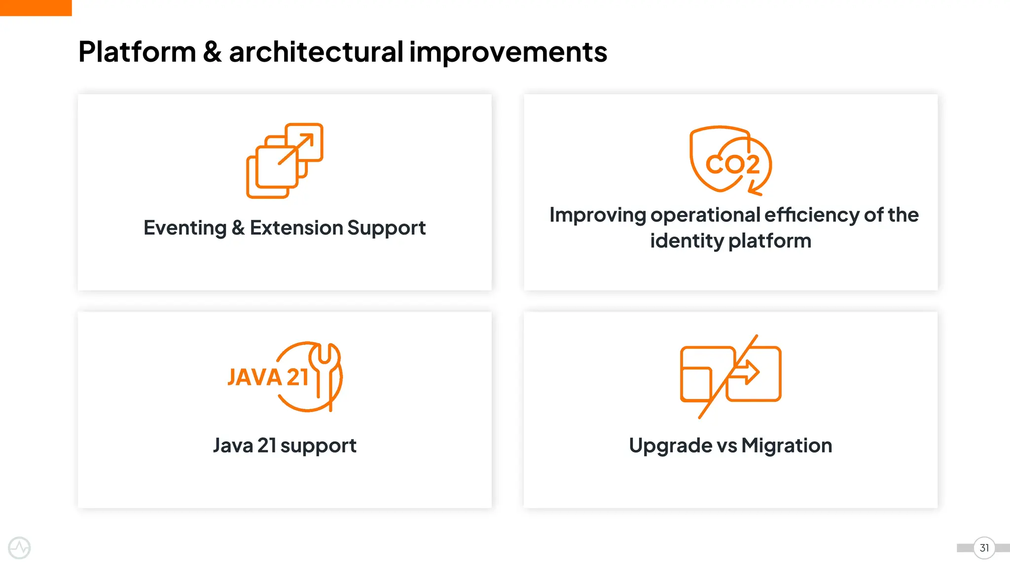 31
Eventing & Extension Support
Upgrade vs Migration
Java 21 support
Improving operational e ciency of the
identity platform
Platform & architectural improvements
 