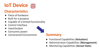 **
IoT Device
● Piece of hardware
● Built for a purpose
● Capable of a limited functionality
● Control interface
● Input/output
● Consumes power
● Constrained Environment
Characteristics
Summary
● Functional Capabilities (Actuators)
● Administration Capabilities (Management)
● Monitoring Capabilities (Sensor Data)
 