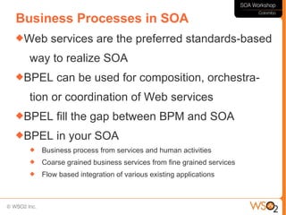 Business Processes in SOA
Web    services are the preferred standards-based
  way to realize SOA
BPEL     can be used for composition, orchestra-
  tion or coordination of Web services
BPEL     fill the gap between BPM and SOA
BPEL     in your SOA
     Business process from services and human activities
     Coarse grained business services from fine grained services
     Flow based integration of various existing applications
 