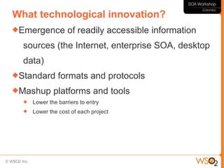 What technological innovation?
Emergence          of readily accessible information
  sources (the Internet, enterprise SOA, desktop
  data)
Standard       formats and protocols
Mashup       platforms and tools
     Lower the barriers to entry
     Lower the cost of each project
 