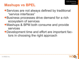 Mashups vs BPEL
Services  are not always defined by traditional
  “service interfaces”
Business processes drive demand for a rich
  ecosystem of services
Mashups & BPM both consume and provide
  services
Development time and effort are important fac-
  tors in choosing the right approach
 