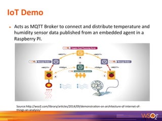 IoT	
  Demo	
  
●  Acts	
  as	
  MQTT	
  Broker	
  to	
  connect	
  and	
  distribute	
  temperature	
  and	
  
humidity	
  sensor	
  data	
  published	
  from	
  an	
  embedded	
  agent	
  in	
  a	
  
Raspberry	
  PI.	
  
	
  
24	
  
Source:hep://wso2.com/library/ar9cles/2014/09/demonstra9on-­‐on-­‐architecture-­‐of-­‐internet-­‐of-­‐
things-­‐an-­‐analysis/	
  
 