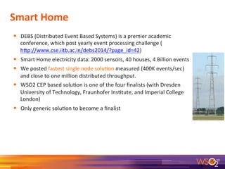 Smart	
  Home	
  
•  DEBS	
  (Distributed	
  Event	
  Based	
  Systems)	
  is	
  a	
  premier	
  academic	
  
conference,	
  which	
  post	
  yearly	
  event	
  processing	
  challenge	
  (
hRp://www.cse.iitb.ac.in/debs2014/?page_id=42)	
  	
  
•  Smart	
  Home	
  electricity	
  data:	
  2000	
  sensors,	
  40	
  houses,	
  4	
  Billion	
  events	
  
•  We	
  posted	
  fastest	
  single	
  node	
  solu7on	
  measured	
  (400K	
  events/sec)	
  
and	
  close	
  to	
  one	
  million	
  distributed	
  throughput.	
  	
  
•  WSO2	
  CEP	
  based	
  solu7on	
  is	
  one	
  of	
  the	
  four	
  ﬁnalists	
  (with	
  Dresden	
  
University	
  of	
  Technology,	
  Fraunhofer	
  Ins7tute,	
  and	
  Imperial	
  College	
  
London)	
  
•  Only	
  generic	
  solu7on	
  to	
  become	
  a	
  ﬁnalist	
  
12	
  
 