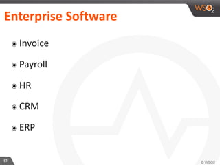 17
Enterprise	
  Software
๏ Invoice	
  
๏ Payroll	
  
๏ HR	
  
๏ CRM	
  
๏ ERP
 